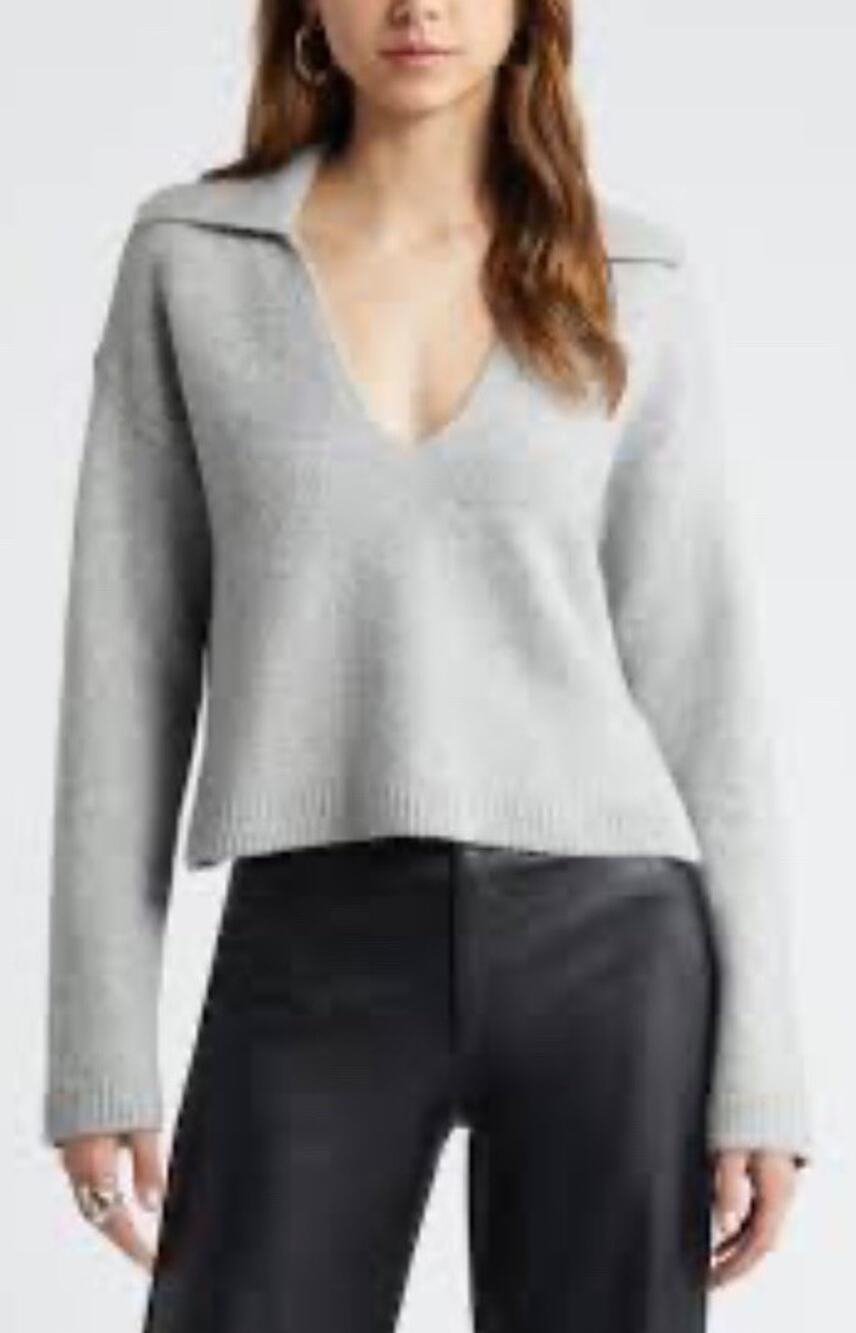NWT Nordstrom’s Open Edit XL Johnny Collar V-Neck Cropped Sweater Gray